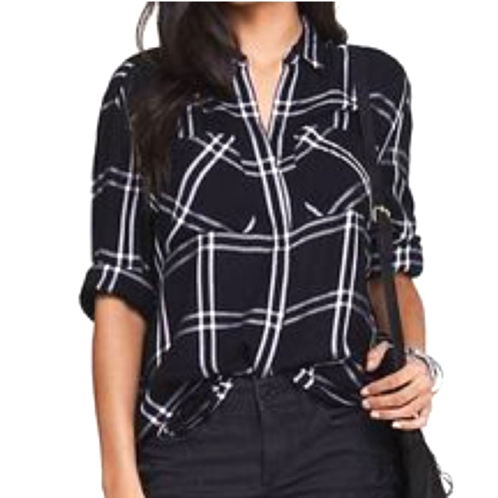 Express Black and White Plaid Oversized Flannel Button Down Shirt